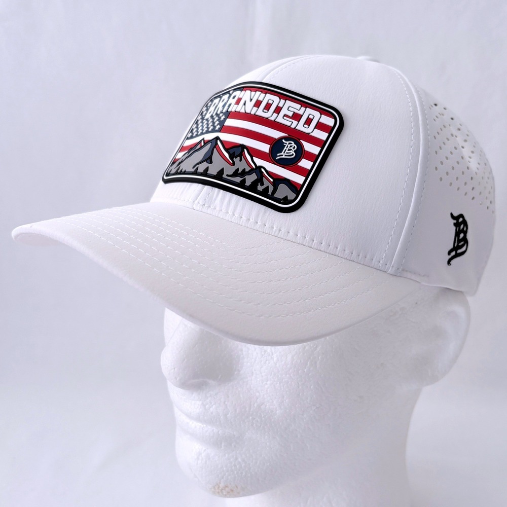 Branded Bills USA Flag Mountain Range Mens White Flexfit 110 Baseball Cap Hat